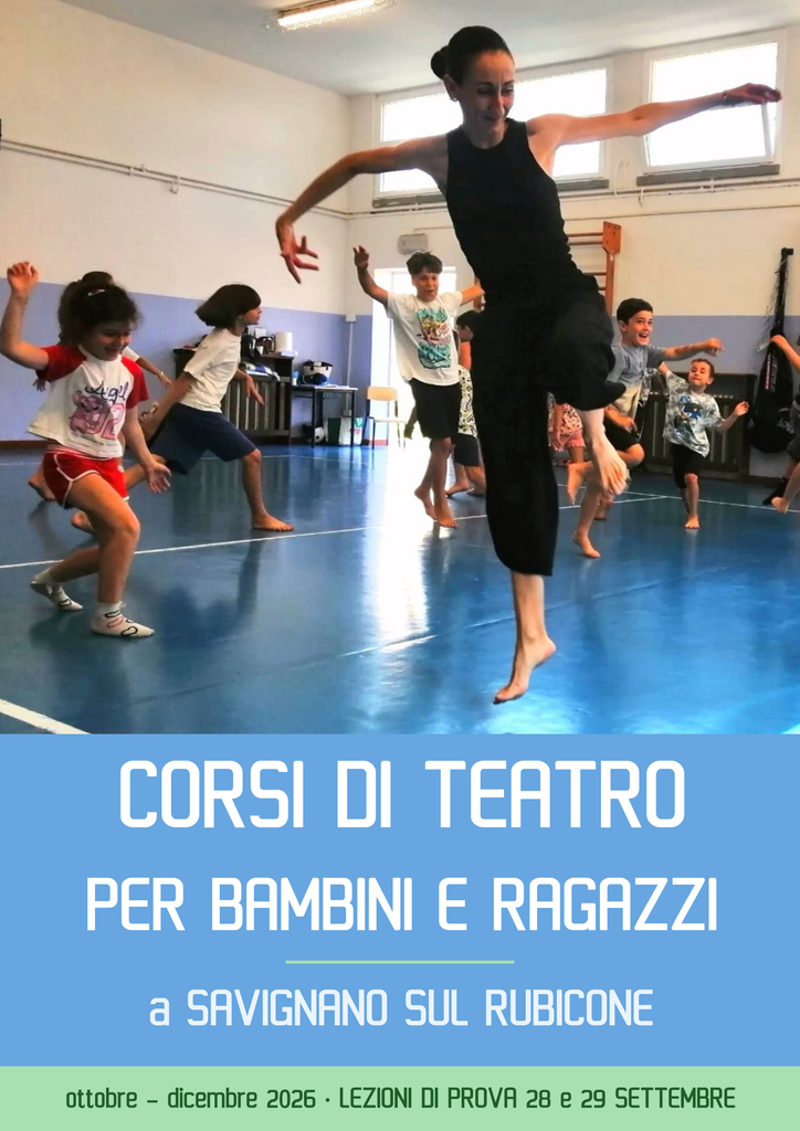Corso di teatro per bambini e ragazzi a Savignano sul Rubicone, Romagna, a cura dell'associazione cambiaMENTI. Locandina fronte.