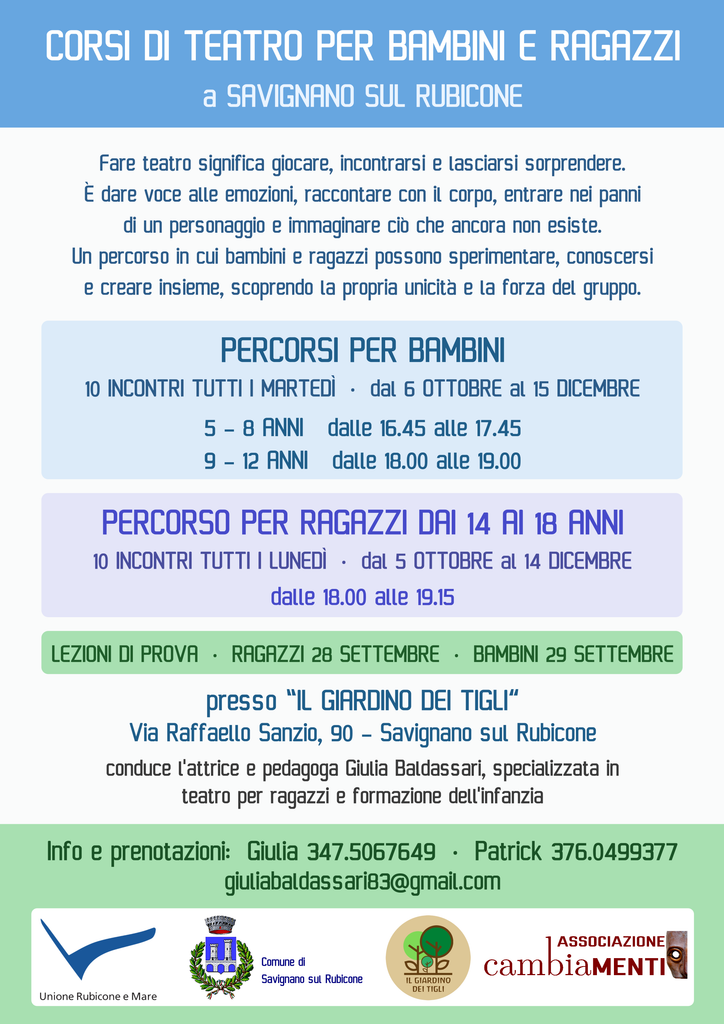 Corso di teatro per bambini e ragazzi a Savignano sul Rubicone, Romagna, a cura dell'associazione cambiaMENTI. Locandina retro.
