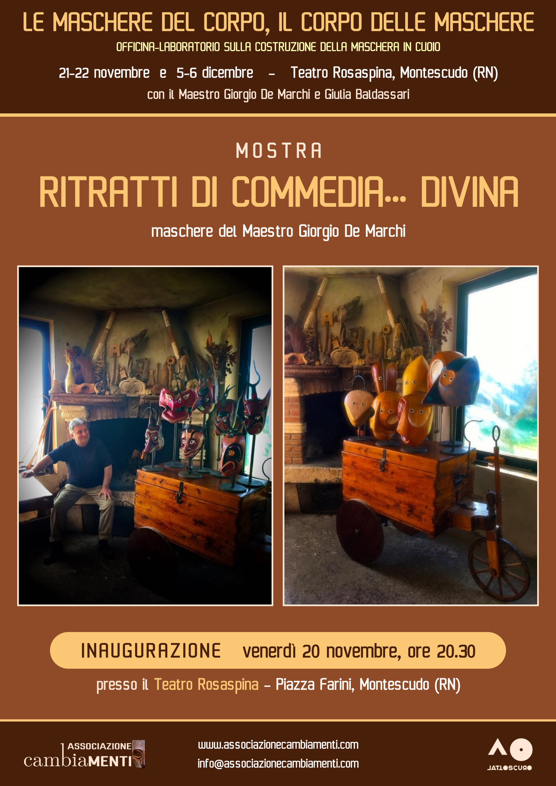 Locandina della mostra "Ritratti di Commedia... Divina", le maschere del Maestro Giorgio De Marchi sulla Divina Commedia. Organizzata da associazione cambiaMENTI e L'Attoscuro.